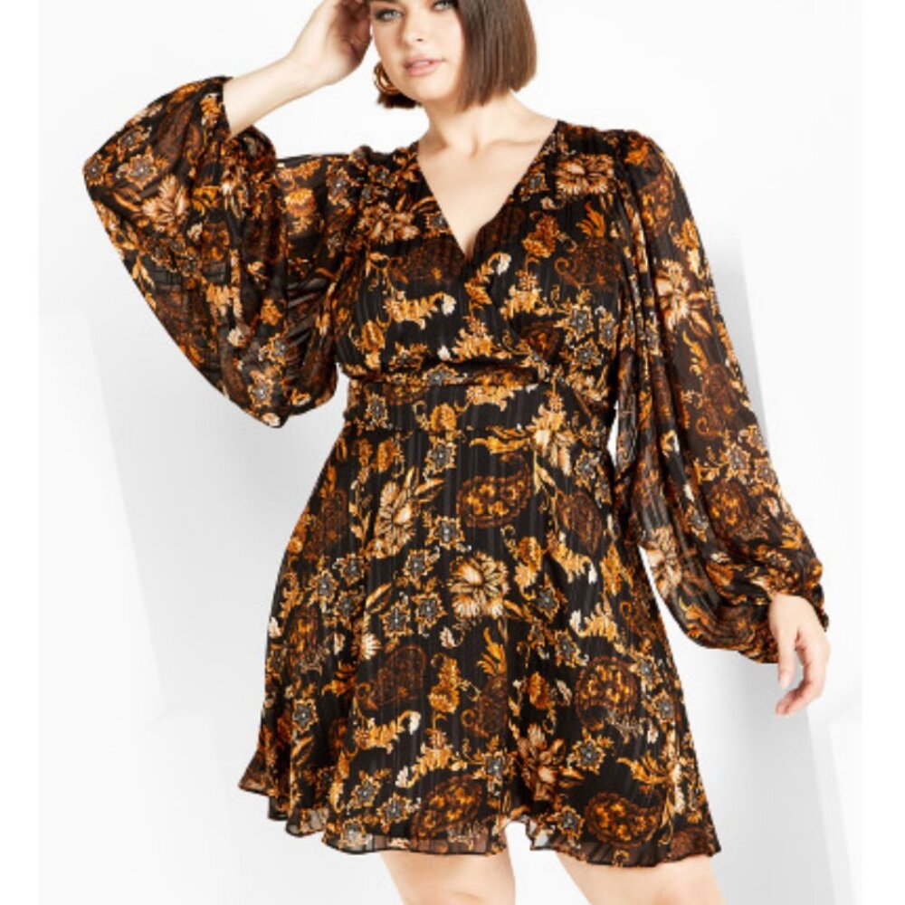 NWT City Chic Black Floral Pleated Faux Wrap Mini Dress 18 - Picture 3 of 12